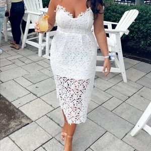 White strapless lace midi dress